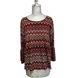 Tacera 3/4 Bell Sleeve Chevron Pattern Soft Pullover Top Red/Multi Size L